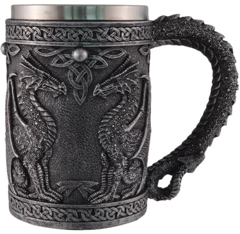 VOGLER Joh. Vogler GmbH Grande chope dragon couleur métal, en pierre artificielle, peinte à la main, insert en acier inoxydable amovible, volume : 600 ml