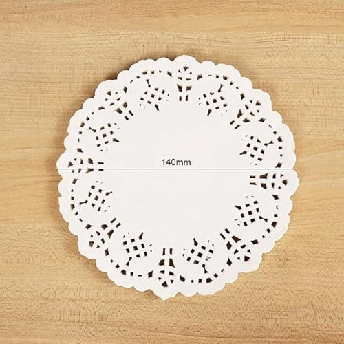 QIUMING 100 Stück weiße runde Spitze Untersetzer Tischset Papier Spitze Kuchen Matte Deckchen Hochzeit Geschenk Verpackung für Geburtstag Weihnachten Tisch DIY Dekor