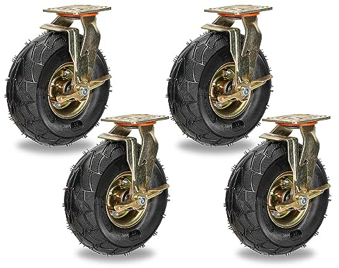 Schwerlast Möbelrolle Trolleys Industriell Transportrollen 4er-Packung, 200mm 250mm Luftreifen Gummi Lenkrolle, Schwenkrollen Mit Bremse, Schrauben & Metallplatten, 600Kg Gesamtkapazität (Color : Bra