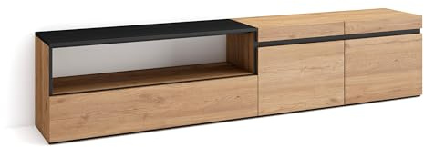 Skraut Home | TV-Schrank, Lowboard | für Wohnzimmer und Esszimmer | 200x45x35cm | Für TV-Geräte bis zu 80 | Fernsehtisch | Moderner Stil | Eiche Schwarz