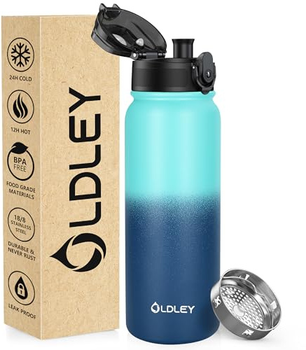 OLDLEY 600ml/20oz Edelstahl-Wasserflasche, Doppelwandige Vakuumflasche, Hält Getränke Heiß und Kalt, Auslaufsicher, BPA-frei, Metallisolierte Wasserflasche für Sport, Arbeit, Outdoor, Wandern