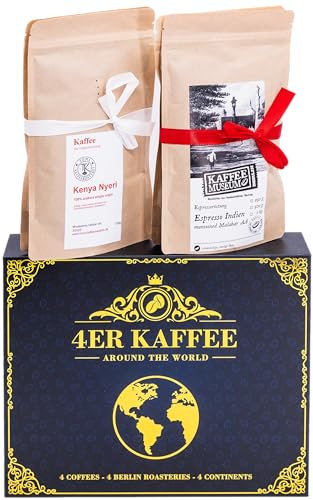 Coffret cadeau café de 4 torréfacteurs berlinois | Around The World | 4 cafés d'origine unique de 4 continents | Idée cadeau pour hommes & femmes | Coffret découverte de grains (400g, Grain entiers)