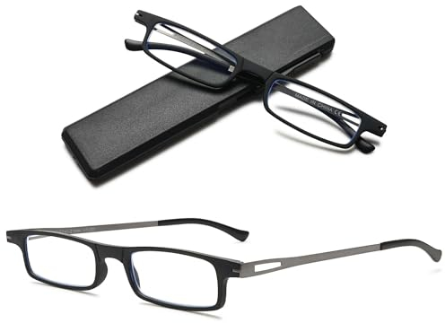 VEVESMUNDO Schmal Lesebrille Metall Leicht Flach Kompakt Lesehilfe Sehhilfe Brillen für Unterwegs mit Etui +1.0,+1.5,+2.0,+2.5,+3.0,+3.5 (+3.0, Schwarz)