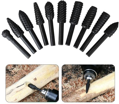 Takelablaze 10Pcs Rotary Burr Rasp Set Woodworking Twist Drill Bits with 1/4 Shank Wood Carving File Rasp Drill Bits Woodworking Twist Drill Bits for Wood Plastic Engraving Polishing Grinding, Black