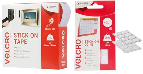 VELCRO® Brand | Stick On Tape | Cut-to-Length Strong Hook & Loop Self Adhesive Sticky & Brand Stick On Coins Double Sided Hook & Loop Self Adhesive Sticky Coins Perfect for Room Décor & Home, Office