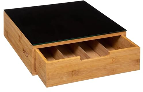 TIENDA EURASIA - Porta Cápsulas de Café con Cajón Extraíble | Soporte de Cafetera con Tabla de Cristal | Estrcutura de Bambú | Medida 30 x 30 x 10 cm | Compatible con Nespresso, Dolce Gusto, Krups