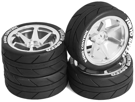 Chanjorlin 1/10 On Road Tires and Aluminum Wheels 12mm Hex RC Rally Racing Tyres OD 2.56 for Tamiya TT01 TT02 XV01 TA06 A959 PTG2 HPI KYOSHO PTG2 Traxxas 1:10 Street Touring Drift Car 4PCS (Silver)