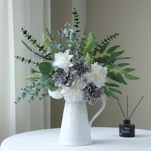 Wnvivi Bouquet de Fleurs de Dahlia Artificielles, Arrangement de Fleurs Artificielles de Dahlia Bleu et Blanc, Lot de Fleurs de Dahlia en Soie pour la Décoration de la Maison