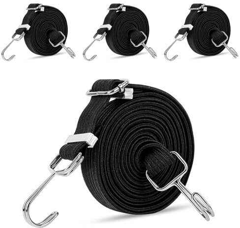 4pcs Adjustable Bungee Straps, 2M Bungee Cords with Hooks Easy to Adjust from 2m to 1m, Heavy Duty Bungee Cord Flat Elastic Straps Elastic Rope for Bicycles,Camping,Roof Racks,Luggage Rack