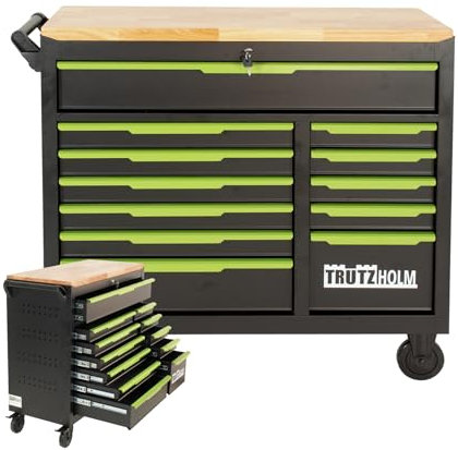 TRUTZHOLM Werkstattwagen Star XL 12 Schubladen unbestück Hartholz-Arbeitsplatte 103 x 112 cm mit Feststellbremsen, abschließbar Werkzeugwagen (schwarz/grün)