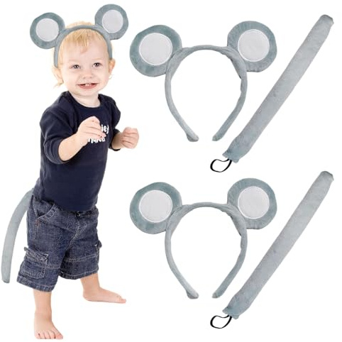 TUONYIS 4 Pieces Mouse Costume Set Mouse Ears Headband Kids Mouse Ears & Tail Cute Mouse Dress Up Animal Costume Set for Kids' Cosplay Birthday Party Children's Day Party (Grey) (Grey)