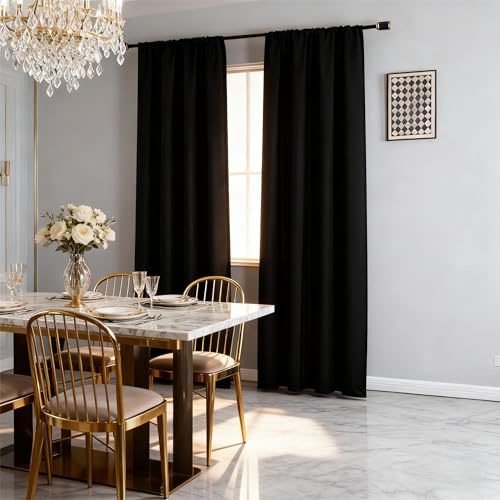 IGEMAEVE Black 100% Blackout Curtains 84 Inch Length 2 Panels Set, Black Out Curtains for Bedroom 84 Inch Long, Rod Pocket Energy Saving Room Darkening Drapes for Living Room Dining Room Window