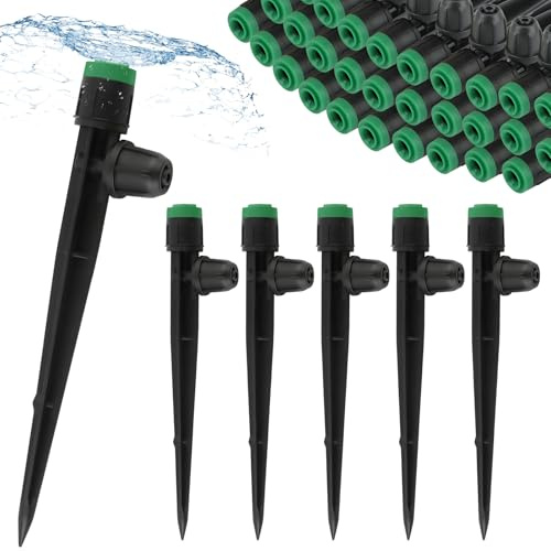 Kalolary 50 goteros de riego por goteo de 1/4 pulgadas con bloqueo, pulverizador de flujo de agua ajustable de 360 grados, plástico verde, tamaño pequeño a mediano, kit de riego por goteo