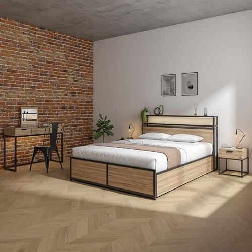 X-Rocker Denver King Ottoman Bed Frame with Ambient RGB LED Lighting, Wireless Charging & Underbed Storage, Double 4ft6 Bedstead, App Controlled Lighting Wood and Metal XR LIVING - Oak/Black