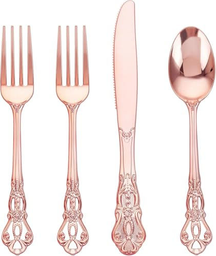 Joyido 40PCS Rose Gold Plastic Silverware - Heavy Duty Elegant Disposable Utensils - Rose Gold Plastic Cutlery set Includes 20Forks, 10Spoons, 10Knives for Dinner, Parties, Weddings