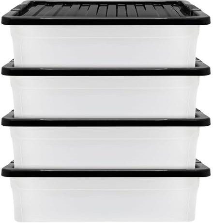 KMJ® 4 Pack-32L Under Bed Storage Box with Lid – Large Plastic Storage Box for Clothes, Shoes, Toys Etc.– Clear Underbed Storage Boxes with Lids – Stackable Storage Boxes Plastic