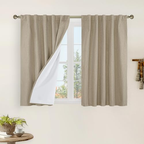 LAMIT 100% Verdunkelung, Kurze Leinenvorhänge für Café, 101,6 cm Länge, Leinenstruktur, Thermovorhänge, Schlaufen auf der Rückseite und Stangentasche, neutrale Paneele mit weißem Futter für Küche, 2