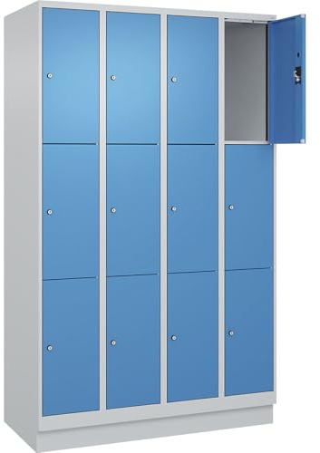 kaiserkraft | 3er-Schließfachschrank Evolo Plus | 4 Abteile | lichtgrau/lichtblau | B 1200 mm | 12 Fächer | mit Bodensockel | Zylinderschloss