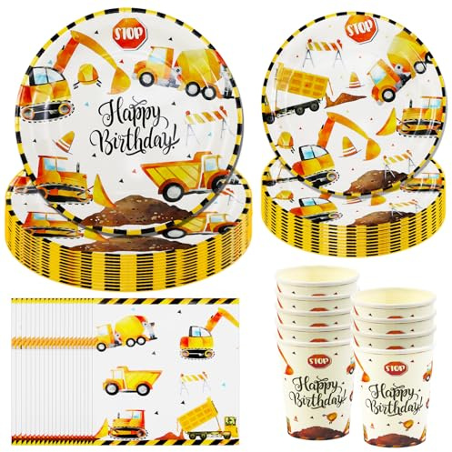 Hmfmdy Ensemble de Vaisselle de Fête sur le Thème des Excavatrices, 50Pièces Vaisselle D'anniversaire pour Enfants avec Assiettes, Gobelets Serviettes Papier, Vaisselle de Fête pour 10 invités