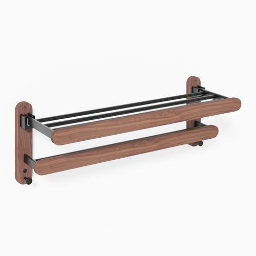 Jugen Towel Rail Wall Mounted - Foldable 2-Tier Bathroom Towel Rack with Hooks, Solid Black Walnut Wooden Towel Holder, No Drill Self Adhesive or Screw Mount, 60cm