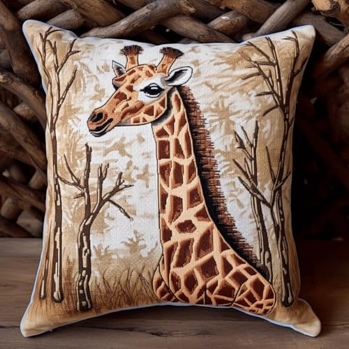 ASONGLINGO Kit de Crochet de Verrouillage Coussin Tapis DIY Broderie Kit Tapis Point Noué à Faire pour Débutants, Latch Hook Canevas Coussin Point 43x43cm(girafe animale)
