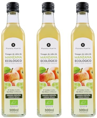 PLANETA HUERTO | Pack 3x Vinagre de Sidra de Manzana Sin Filtrar ECO 500 ml – Vinagre de Sidra Natural, Rico en Enzimas y Perfecto para la Digestión y Cocina Saludable