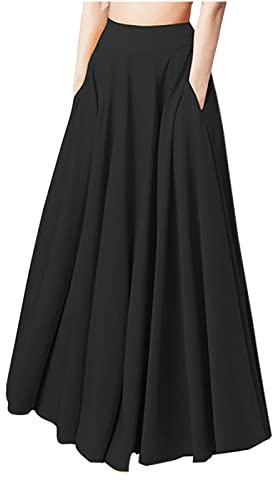 Long Skirts for Women High Waisted Pleated Maxi Skirt Elegant Vintage Full Length A Line Skirts Solid Plain Summer Autumn Ladies Skirt with Pockets