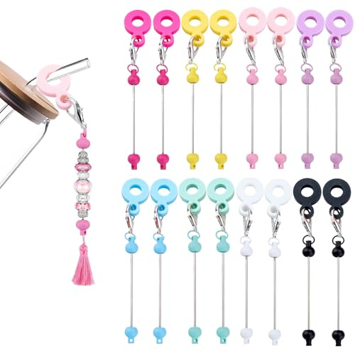 Frinnovan, 16 Packs Beadable Tumbler Straw Cup Charms Adapters with Blank Bar and Hole for Tassels Silicone Pendant Ornament for DIY Jewelry Accessories, Colorful