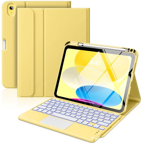 MoKo Touch Keyboard Case for iPad (A16) 11th/10th Gen,Light Yellow | 7 Colors Backlit, Multi-TrackPad, with Pencil Holder, Auto Wake/Sleep, Compatible with iPad 11 inch 2025, iPad 10.9 inch 2020