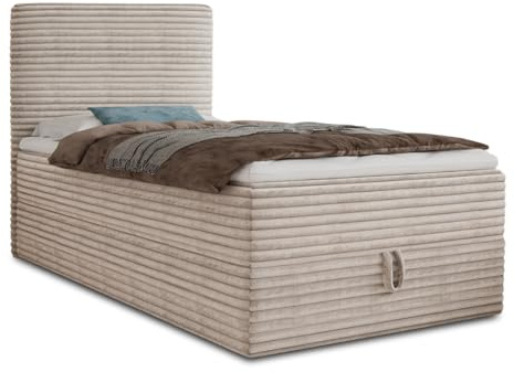 Sofnet Boxspringbett Mollo Mini mit Bettkasten und Matratzentopper - Einzelbett mit Bonell-Matratze und Topper, Polsterbett in weichem Cordstoff, Bett, Schlafzimmer (Beige (Tilia 03), 100 x 200 cm)