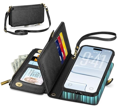 TUCCH Crossbody Removable Wallet Case for iPhone Air (6.5), Textured Black | 9 Card Slots, RFID Blocking, Wireless Charging, Kickstand, Zipper Pocket, Shockproof TPU, Wrist Strap, Folio Flip Cover