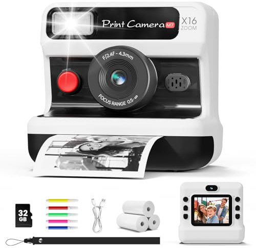 CalineGam Appareil Photo Instantané Enfants, 1080P HD Appareil Photo Numérique Enfant & Double Objectif avec Carte de 32GB & Papier d'impression, Cadeaux pour Garçons & Filles de 3 à 12 Ans