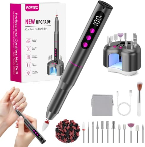 POFIBO Cordless Nail Drill 35000RPM with Nail Lamp 13-in-1 Kit Rechargeable