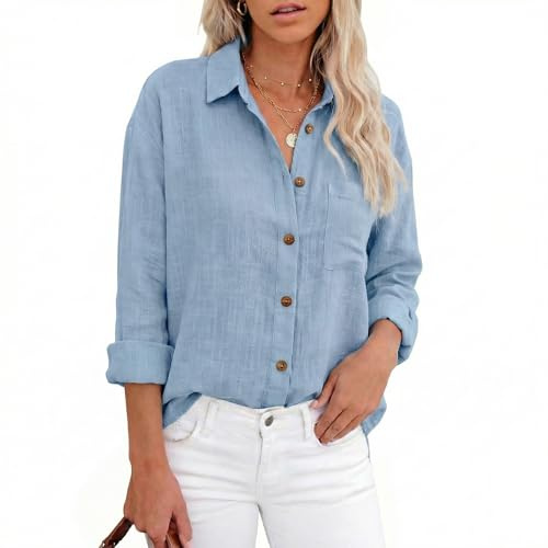 Blouse en Lin pour Femme - Blouse décontractée en Mousseline de Coton et Lin, Chemise Longue à Manches Longues (FR/ES, Alpha/Lettres, S, Taille Normale, Taille Normale, Bleu Ciel)