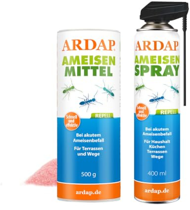 ARDAP Ameisen Set: Ameisenspray 400ml + Ameisenmittel 500g - Ameisenspray außen & gegen Ameisen im Haus, Ameisenpulver, Ameisenstreumittel (PT19)