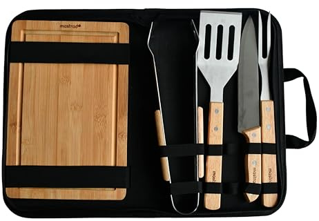 Mastrad Set di valigie per barbecue con tagliere e 4 utensili per barbecue, posate per barbecue in acciaio inox e legno, portatile, ideale per barbecue, campeggio e regalo
