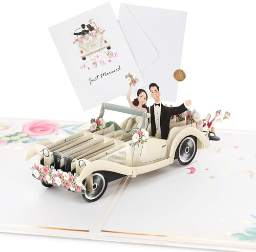 CraftWerk Tarjeta 3D Pop-Up de coche de boda – Tarjeta de felicitación, tarjeta de felicitación para la boda – Regalo de boda y regalo en dinero – Vale para la luna de miel y la luna de miel para