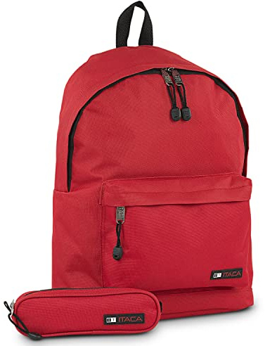 ITACA - Ryggsäck och penna fall. Polyester. Vadderad med övre handtag och justerbara handtag. Framficka och dubbelstängning. Ryggsäck, Röda