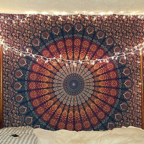 raajsee Blue Orange Tapestry Hippie Boho Beach Blanket Mandala Indian Cotton Throw - Home Décor Indie Rug Yoga Mat Meditation Picnic Rugs Queen (82x92 Inches / 208x232 Cms)