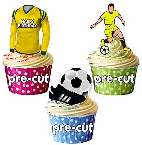 AK Giftshop PRECUT Happy Birthday Football Party Pack - Edible Cupcake Toppers/Cake Decorations Yellow and Green Shirt Top (Pack of 12)