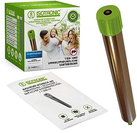 ISOTRONIC Maulwurf Vertreiber batteriebetrieben mit ON/OFF - Schalter | Ultraschall Schädlingsbekämpfung gegen Wühlmäuse, Mäuse & Schlangen im Garten