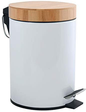 MSV Pattumiera per cosmetici, 3 litri, in acciaio inox e bambù, con abbassamento automatico e secchio interno, colore: bianco