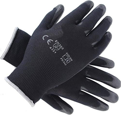 12 paia di guanti da lavoro in PU, guanti da montaggio, taglie S, M, L, XL, XXL, colore nero