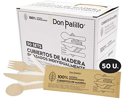 DON PALILLO - 50 Set di posate in legno usa e getta confezionati in carta Kraft. Ogni set contiene 1 forchetta + 1 coltello + 1 cucchiaio + 1 tovagliolo di carta + 1 confezione di stuzzicadenti. Ind