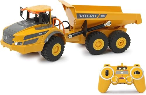 JAMARA dumplingtruckar Volvo A40G 1:20 2,4 GHz – originaltrogen böjstyrning, tipptråg upp/neråt, realistiskt motorljud (avstängbar), demomoläge, 2 hjuldrift, bil standby-läge, gul, 405056
