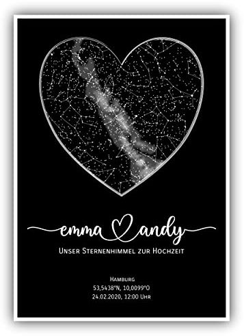 Personalisierte Sternenkarte - Sternenhimmel Poster - Die Sternenkarte vom Wunschdatum mit Wunschtext - Personalisiertes Geschenk für Paare - Kennenlernen, Verlobung, Hochzeit, Valentinstag