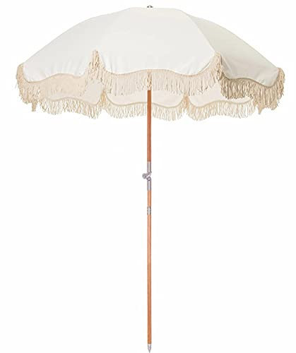 Ombrellone da Spiaggia da 2.0m con Palo in Legno Inclinabile,Ombrellone da Giardino Tondo con Design A Nappa,per Esterni Mercato Terrazza Cortile Piscina