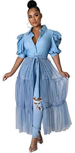 Ekaliy Women Sexy Short Sleeve Bodycon High Low Asymmetrical Ruffle Tunics Blouse Shirt Top Dress XL Blue