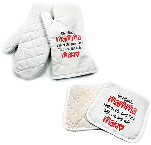 Set da Cucina Guanto da Forno e Presina Festa della Mamma Personalizzato Idea Regalo Speciale Compleanno Natale per la Mamma Cucina Amore Famiglia Mamma può fare tutto con una mano sola Heart Love