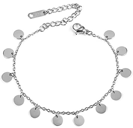 Kim Johanson Edelstahl Damen Fußkettchen *Coins* in Silber | Fußkette mit 12 kleinen Plättchen | Rostfrei & Wasserfest | Kugeln Fußband | Frauen Boho Schmuck | Verstellbar inkl. Schmuckbeutel